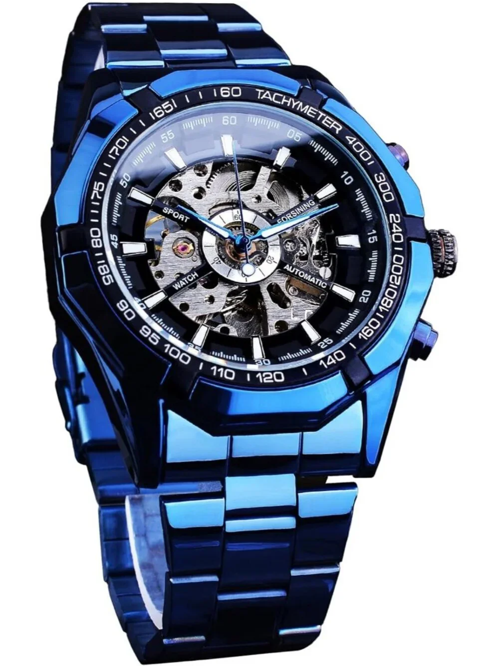 Men's Blue Black Self-Wind Skeleton Hollow Out Mechanical Automatic Luxury Watch